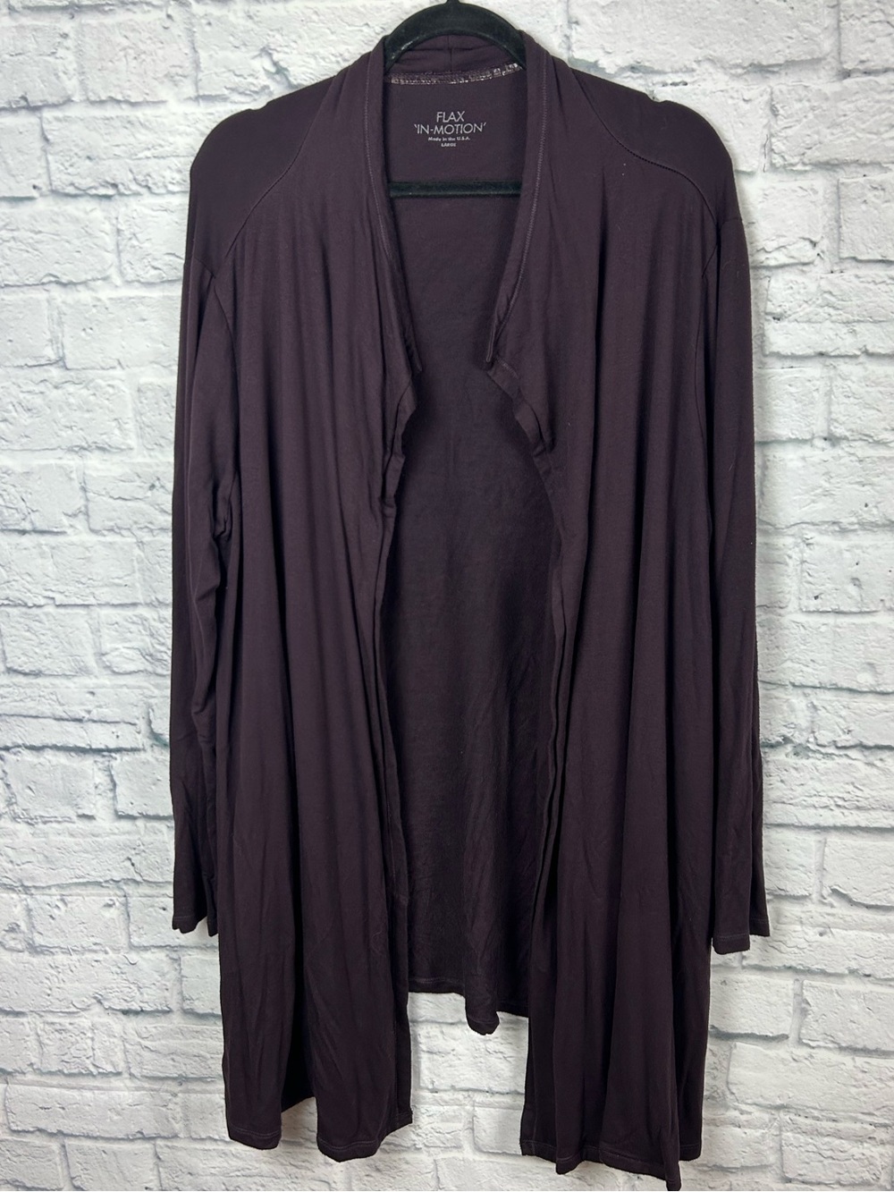 FLAX In Motion Large Plum Open Front Drape Cardigan Rayon USA Made Stretch